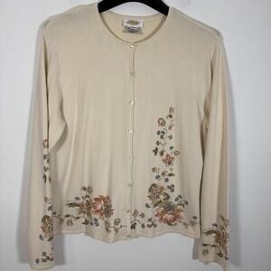 Talbots Silk Button Up Knit Cardigan Size XL Floral Cream Ivory Cottage Vintage